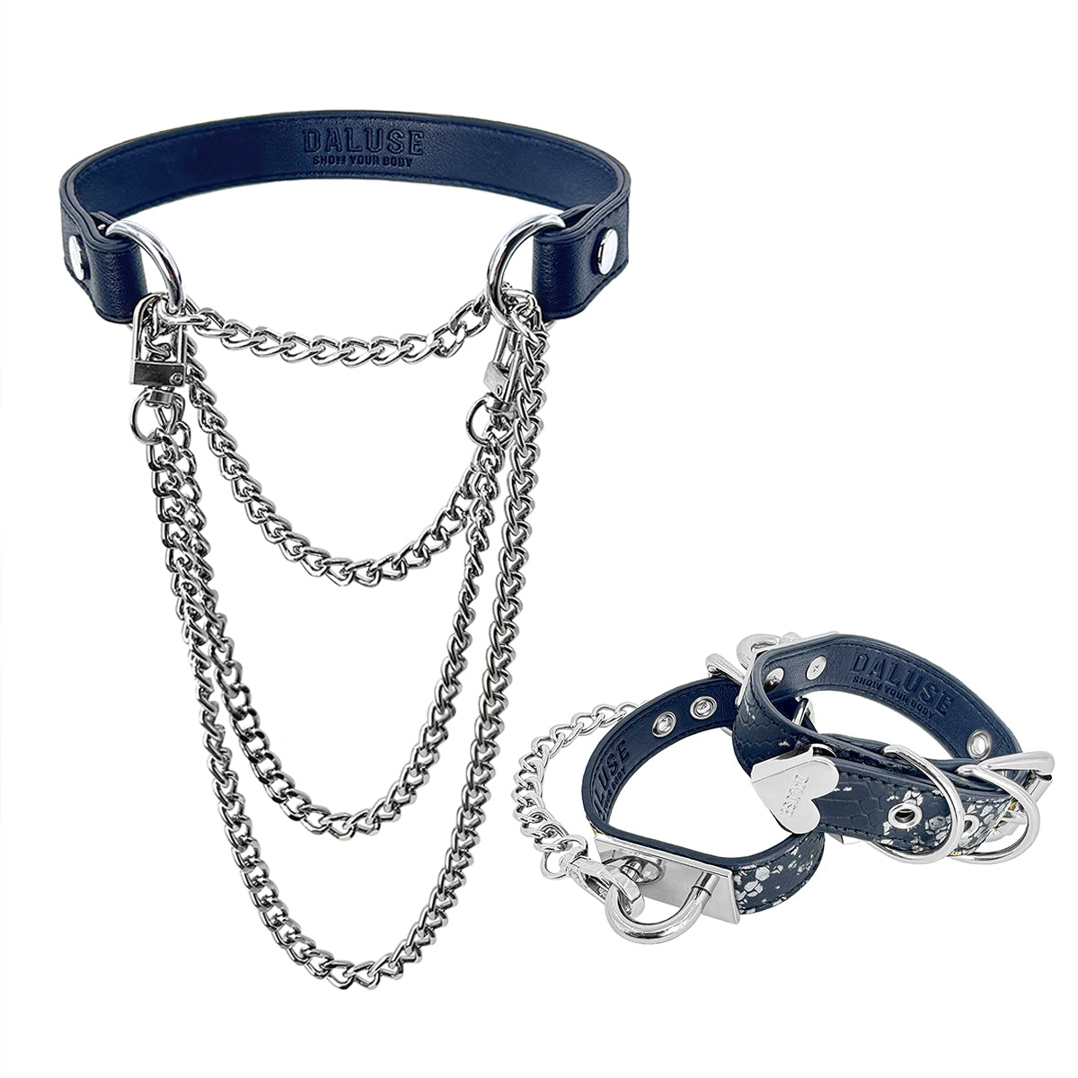 Daluse Double Layer Leather Choker Titanium Steel Chain Collar Necklace And Snake Pattern Leather Silver Chain Adjustable Cuff Bracelets Combination Set