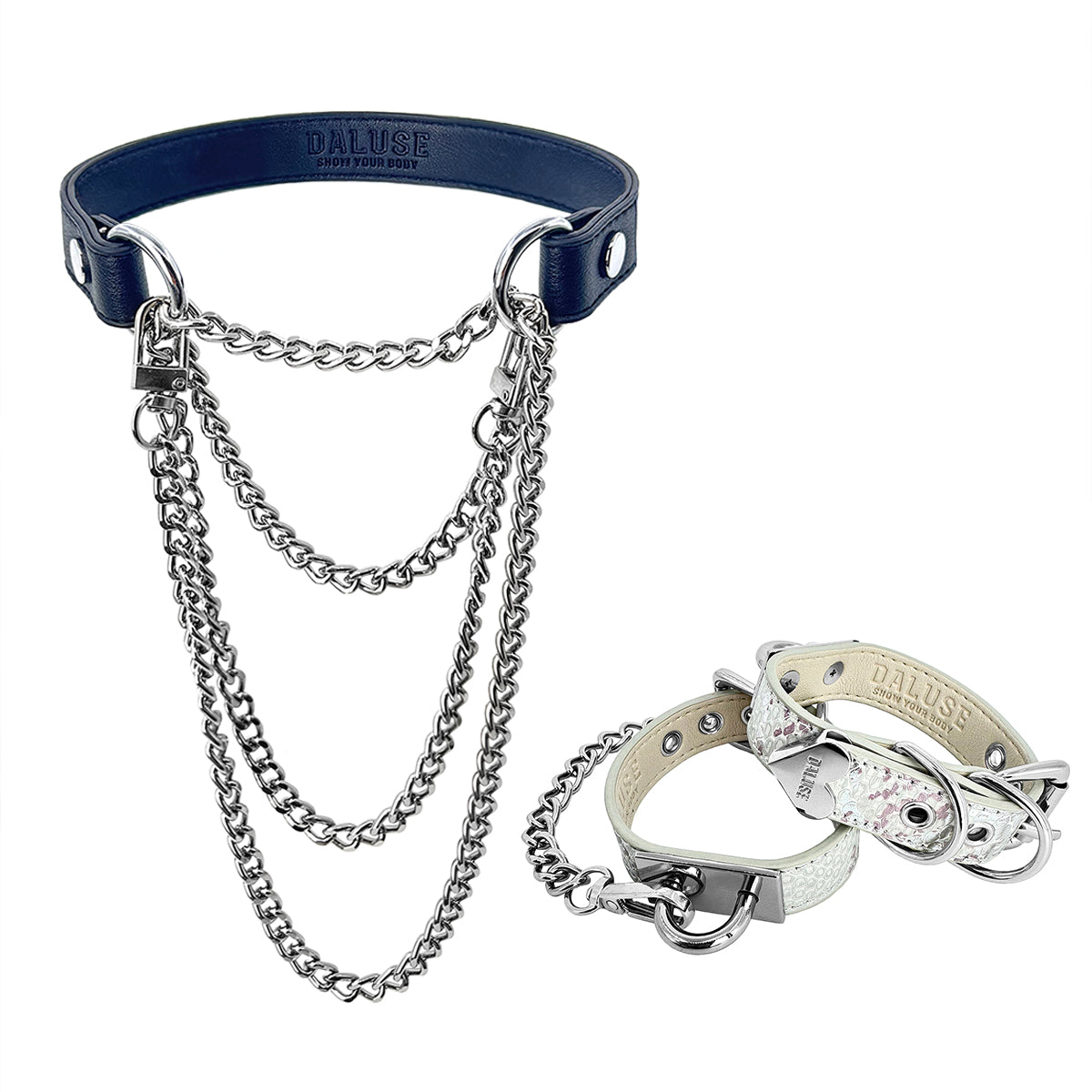 Daluse Double Layer Leather Choker Titanium Steel Chain Collar Necklace And Snake Pattern Leather Silver Chain Adjustable Cuff Bracelets Combination Set