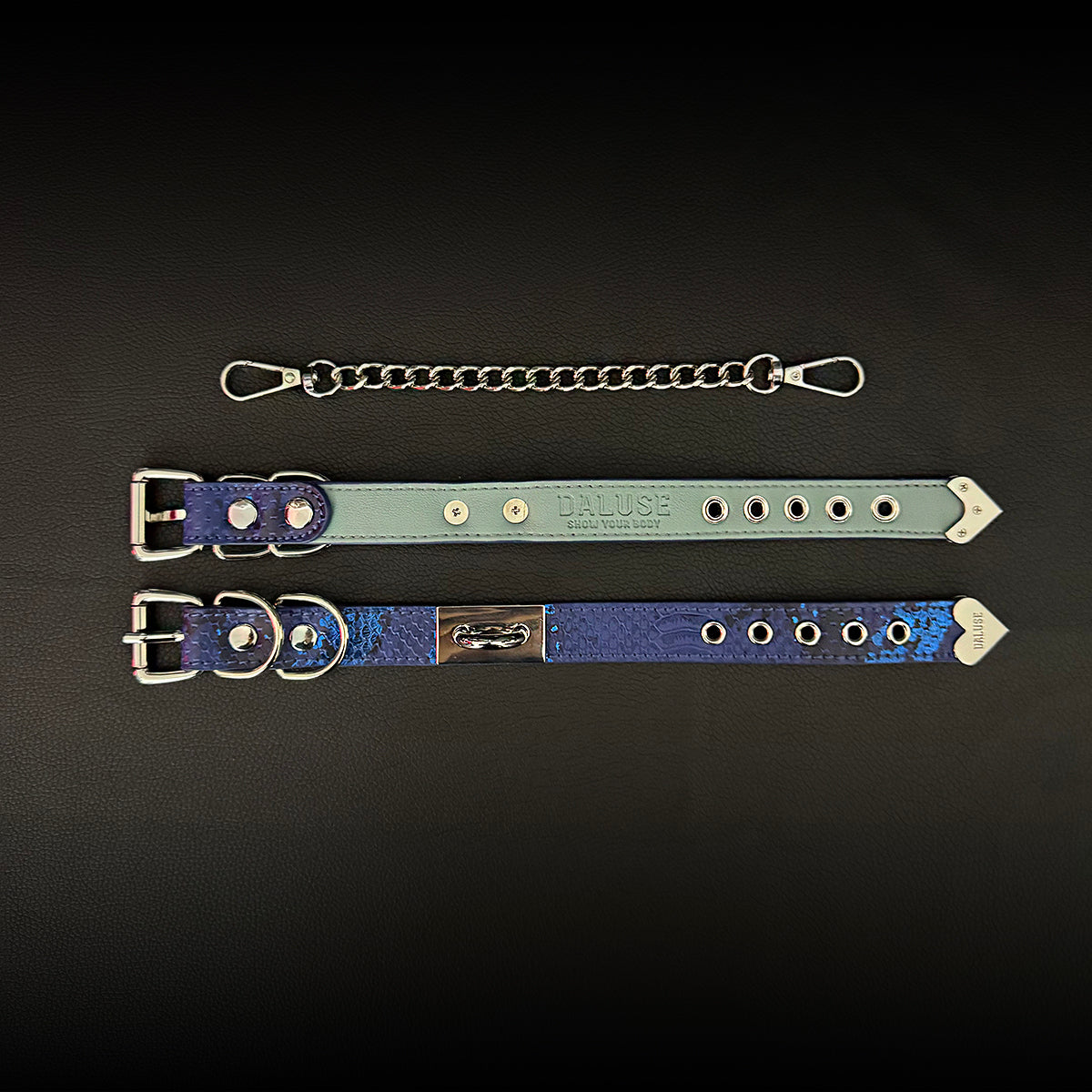 Daluse Blue Snake Leather Double Titanium Steel Chain Choker Collar Necklace And Adjustable Cuff Bracelets Combination Set