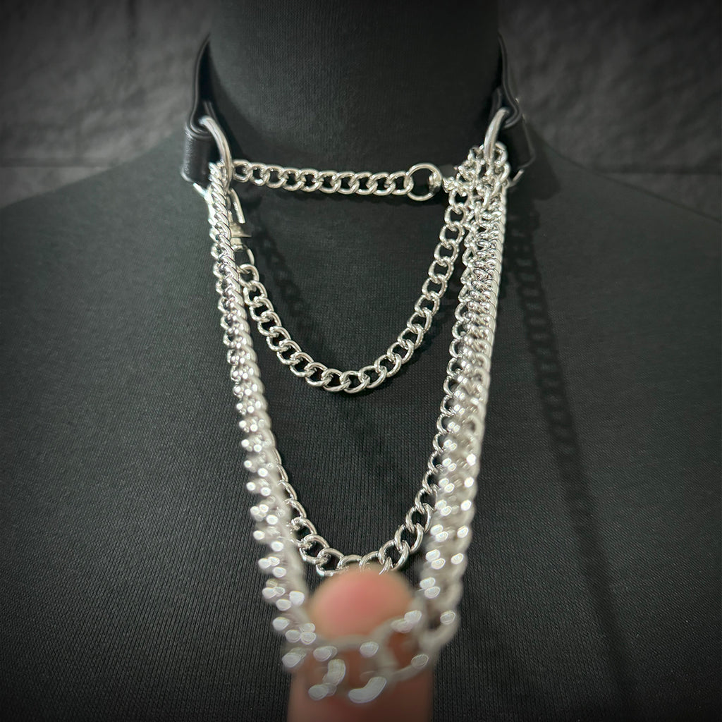 Daluse Double Titanium Steel Chain Collar Variety Fashion Leather Choker Necklace