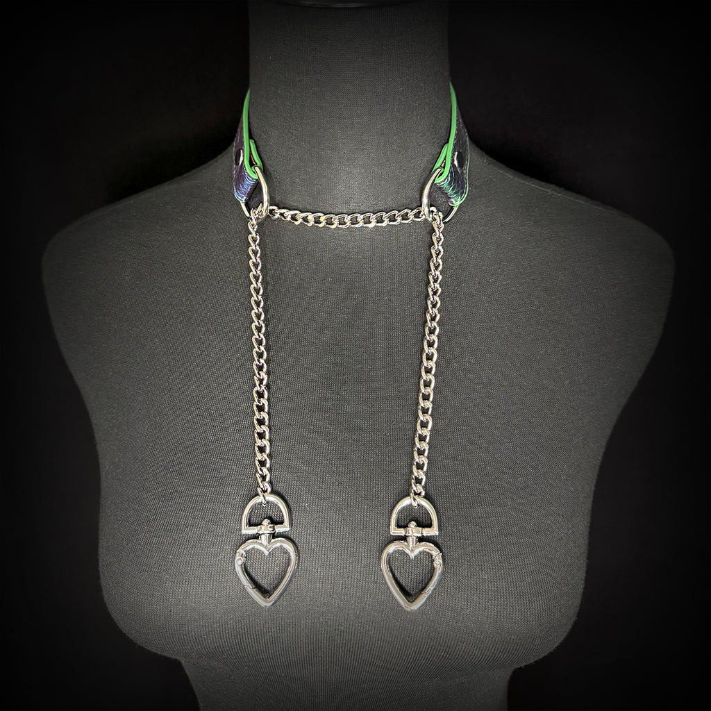 Daluse Double Heart Shaped Buckle Titanium Steel Chain Colorful Leather Choker Collar Necklace