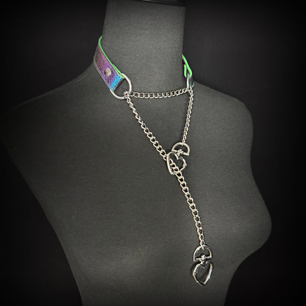 Daluse Double Heart Shaped Buckle Titanium Steel Chain Colorful Leather Choker Collar Necklace