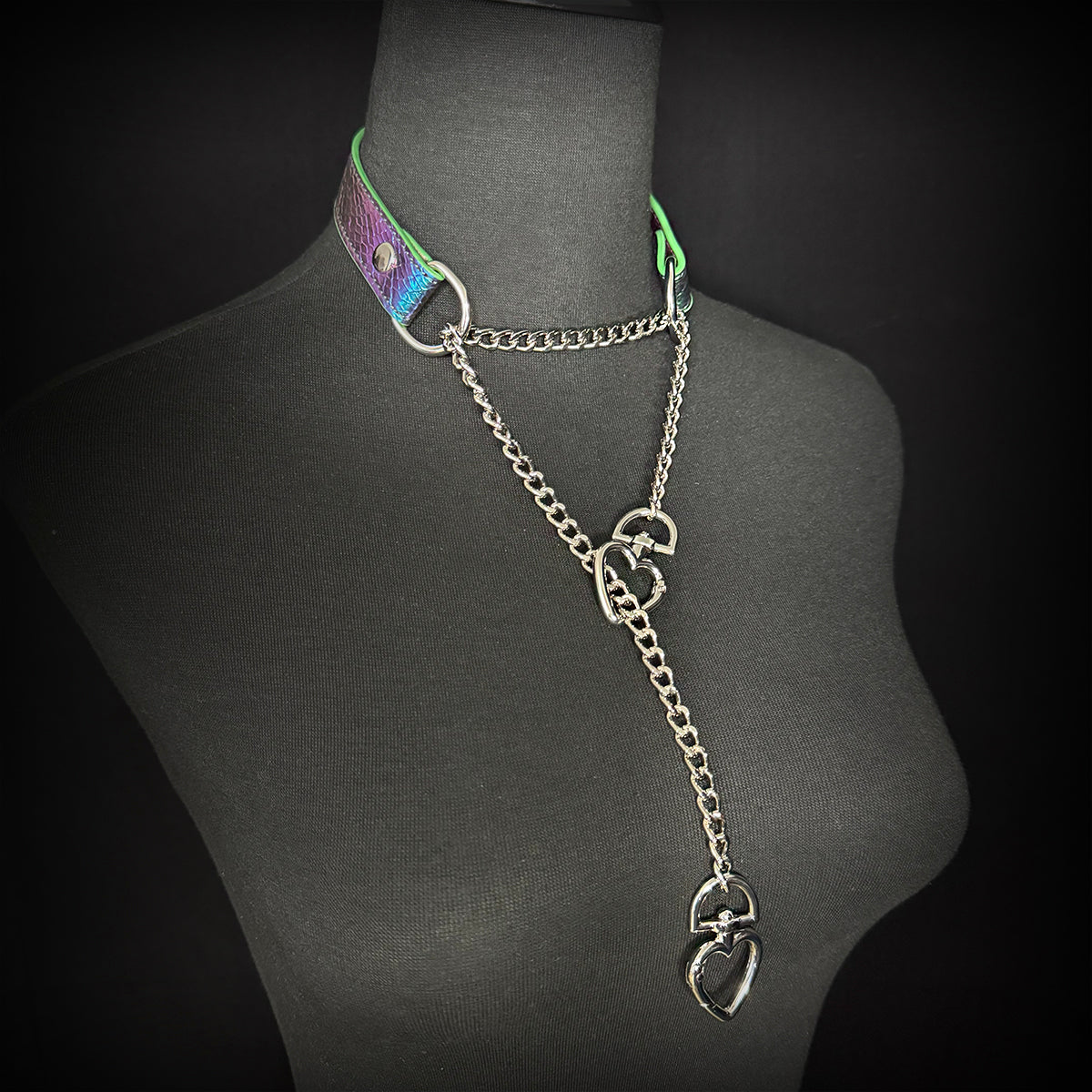 Daluse Double Heart Shaped Buckle Titanium Steel Chain Colorful Leather Choker Collar Necklace