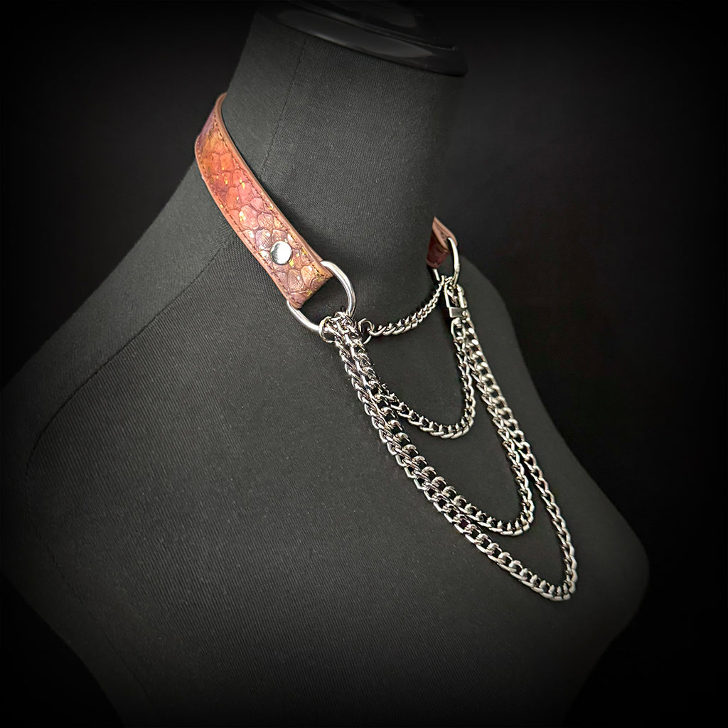 Daluse Gold Spotted Purple Orange Snake Leather Choker Double Titanium Steel Chain Adjuster Collar Necklace