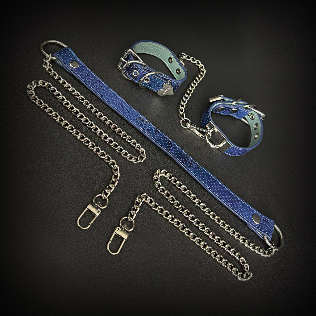 Daluse Blue Snake Leather Double Titanium Steel Chain Choker Collar Necklace And Adjustable Cuff Bracelets Combination Set