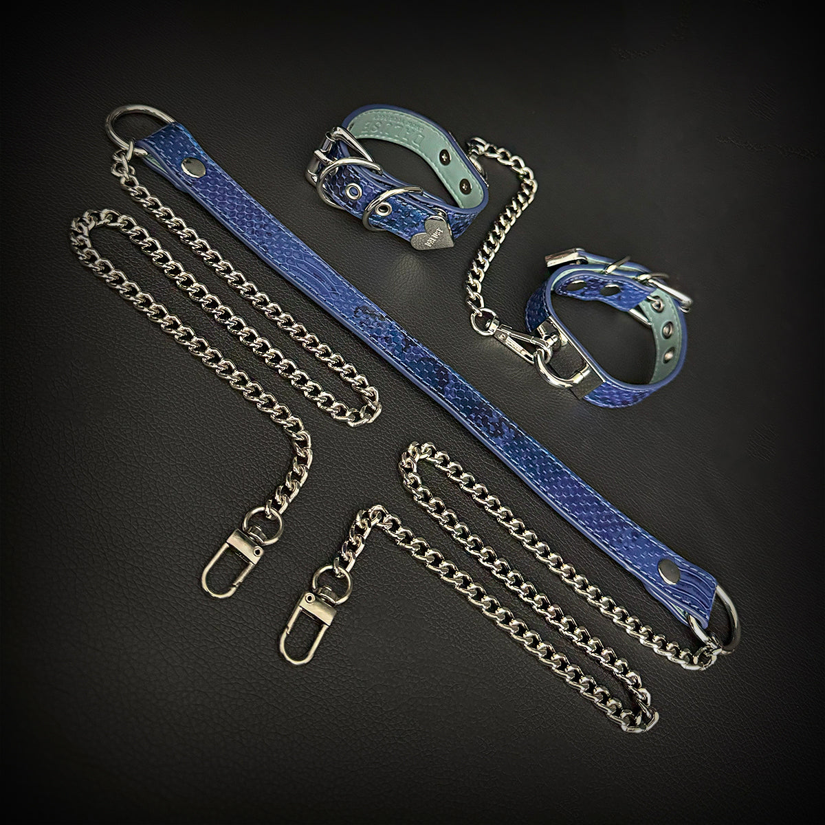 Daluse Blue Snake Leather Double Titanium Steel Chain Choker Collar Necklace And Adjustable Cuff Bracelets Combination Set