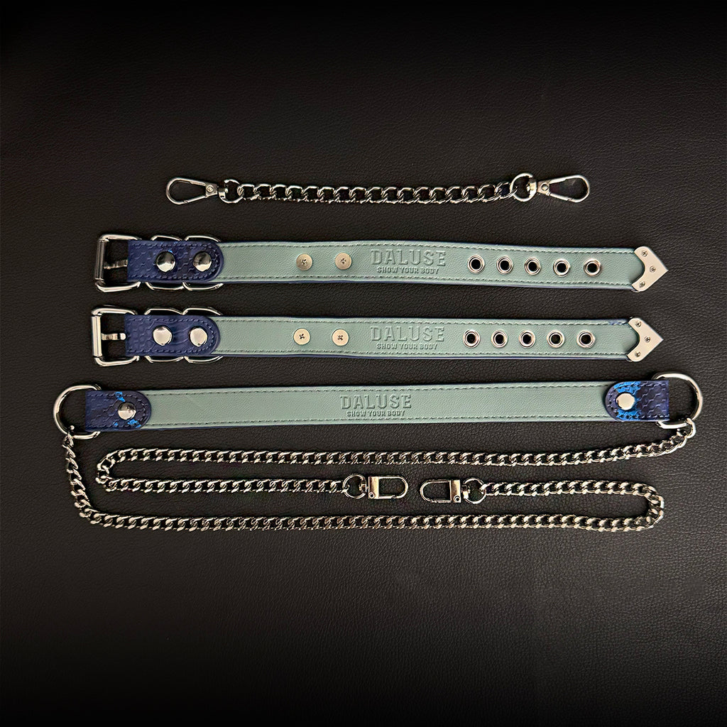 Daluse Blue Snake Leather Double Titanium Steel Chain Choker Collar Necklace And Adjustable Cuff Bracelets Combination Set