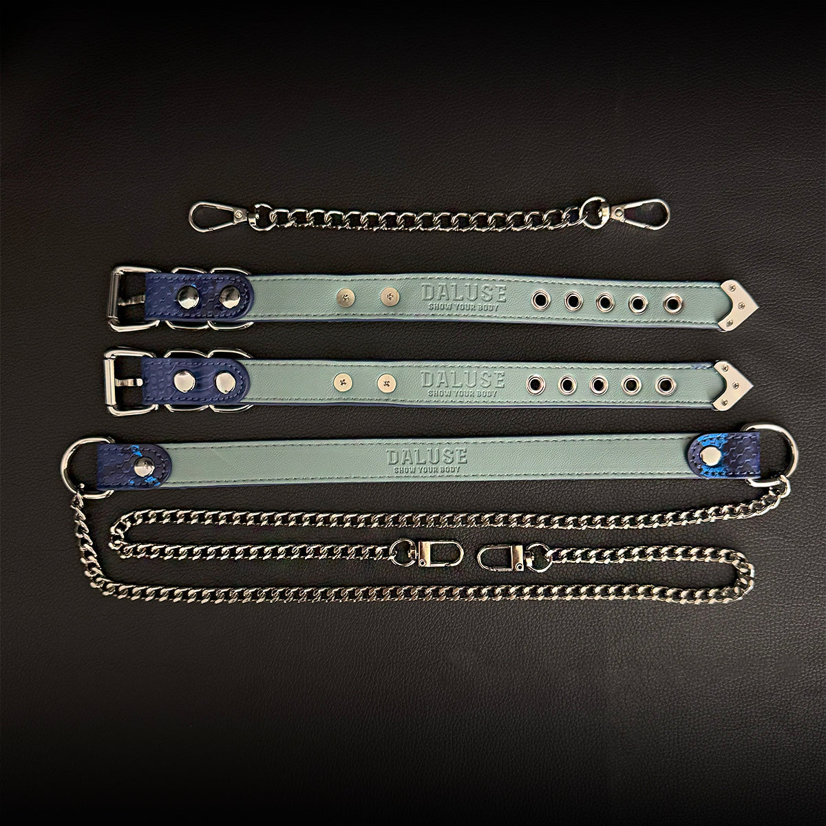 Daluse Blue Snake Leather Double Titanium Steel Chain Choker Collar Necklace And Adjustable Cuff Bracelets Combination Set