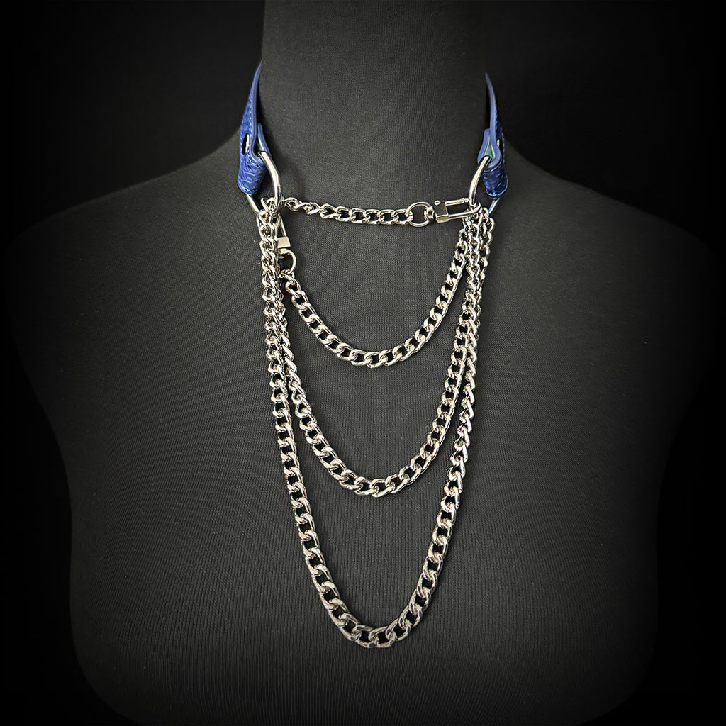 Daluse Blue Snake Leather Collar Double Titanium Steel Chain Adjustment Choker Necklace