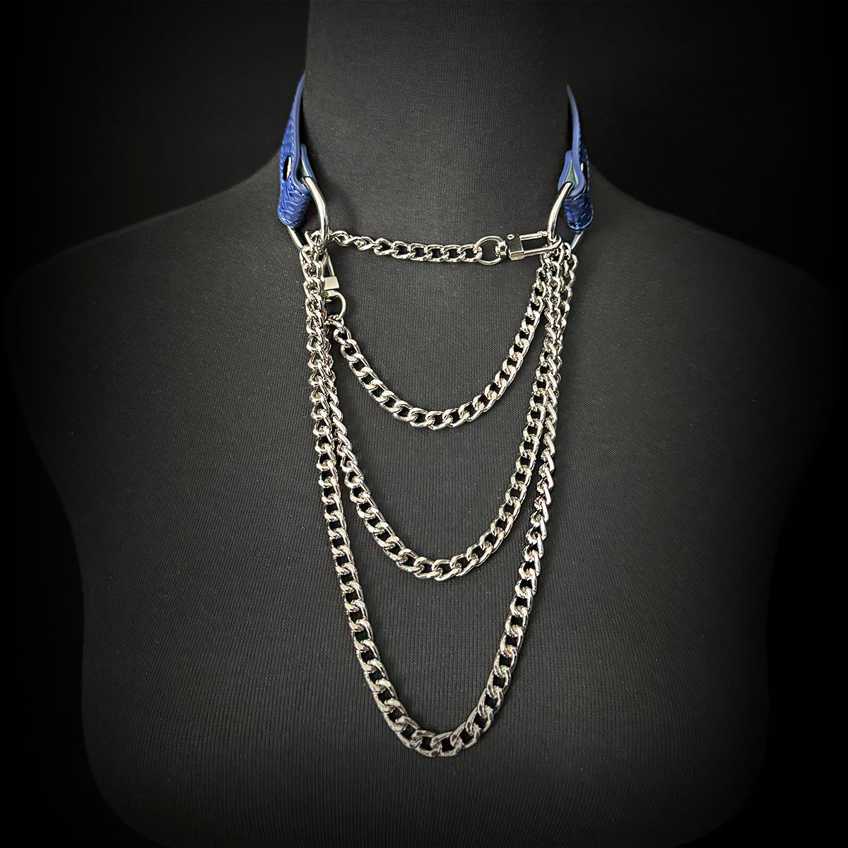 Daluse Blue Snake Leather Collar Double Titanium Steel Chain Adjustment Choker Necklace