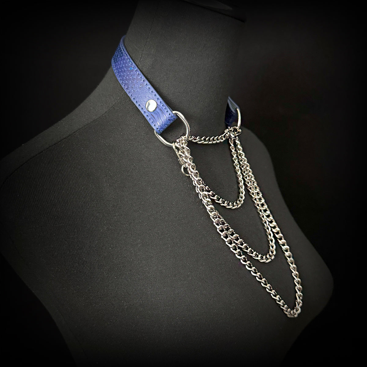Daluse Blue Snake Leather Collar Double Titanium Steel Chain Adjustment Choker Necklace