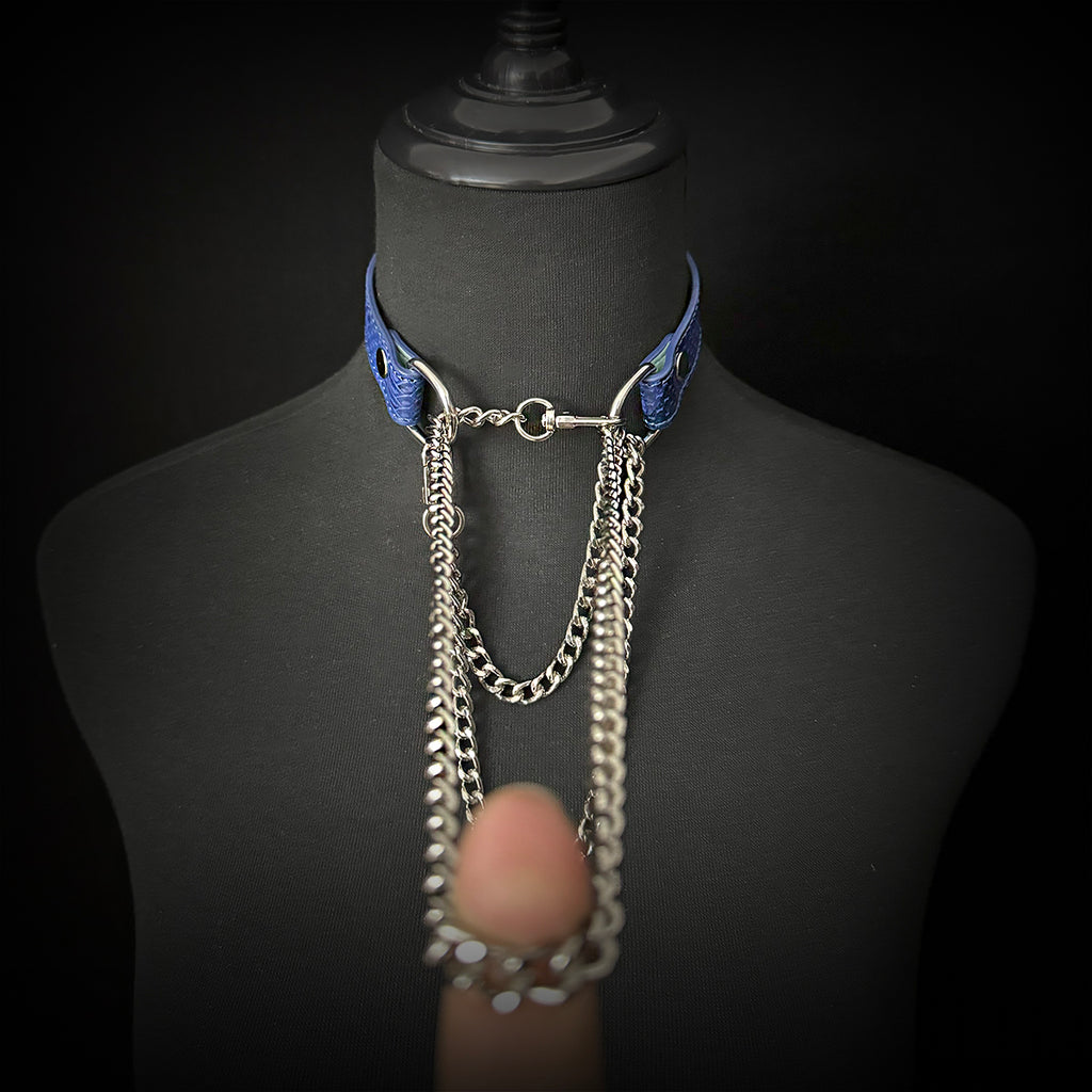 Daluse Blue Snake Leather Collar Double Titanium Steel Chain Adjustment Choker Necklace