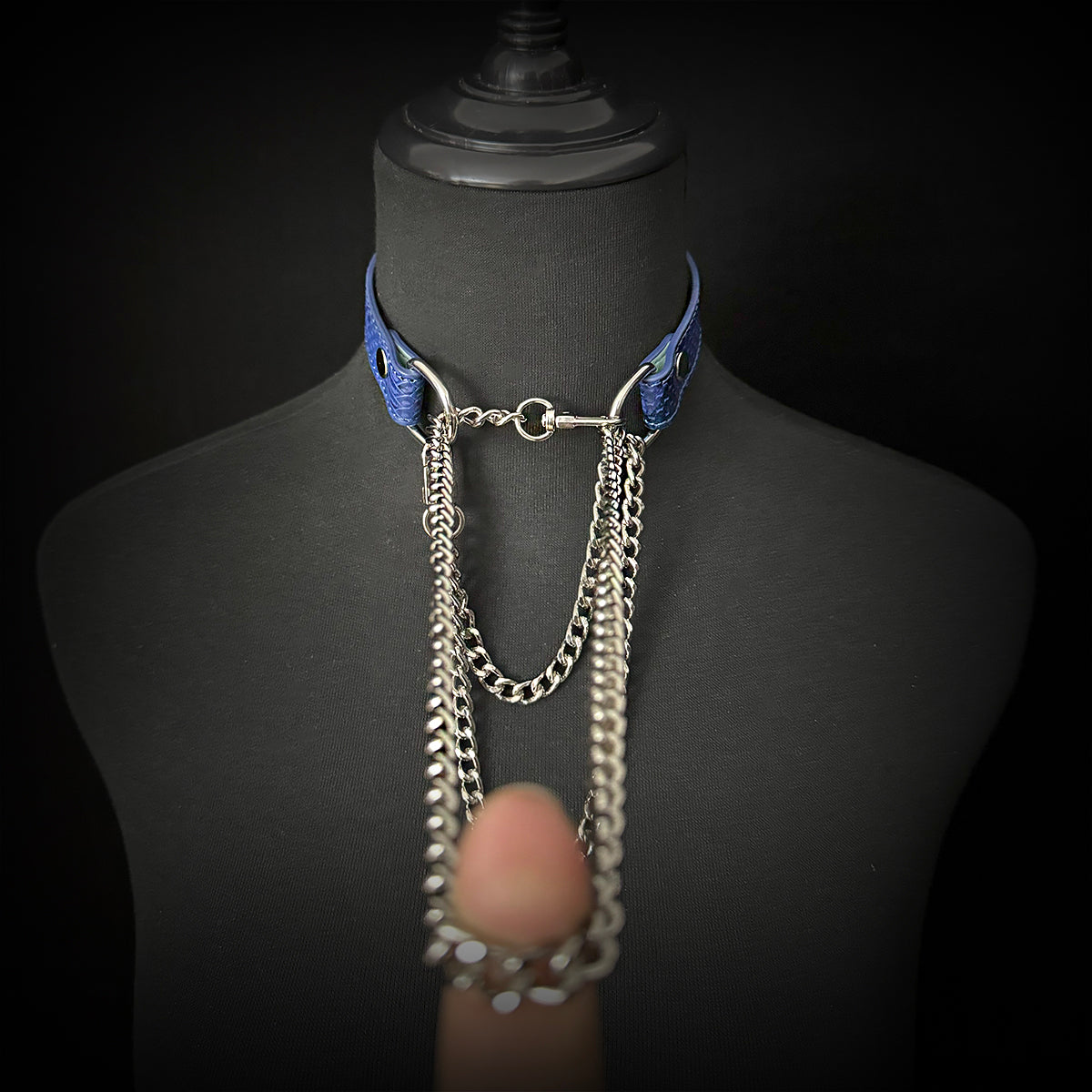 Daluse Blue Snake Leather Collar Double Titanium Steel Chain Adjustment Choker Necklace