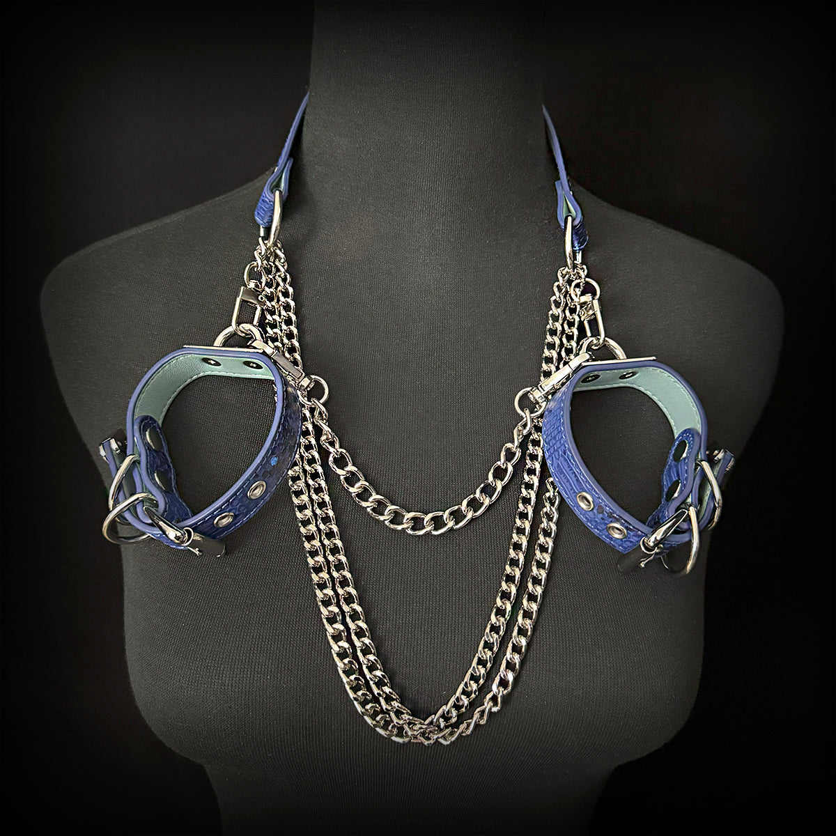 Daluse Blue Snake Leather Double Titanium Steel Chain Choker Collar Necklace And Adjustable Cuff Bracelets Combination Set