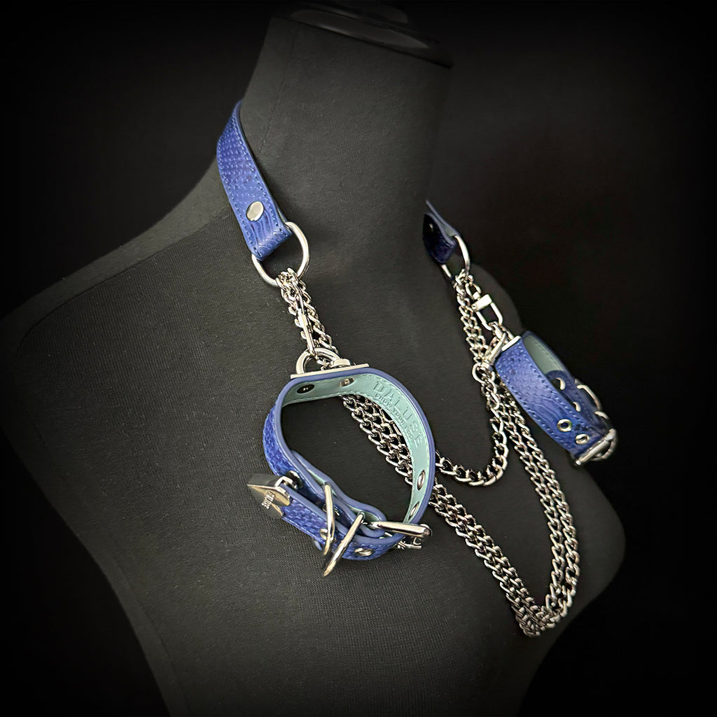 Daluse Blue Snake Leather Double Titanium Steel Chain Choker Collar Necklace And Adjustable Cuff Bracelets Combination Set