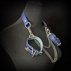 Daluse Blue Snake Leather Double Titanium Steel Chain Choker Collar Necklace And Adjustable Cuff Bracelets Combination Set