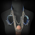 Daluse Blue Snake Leather Double Titanium Steel Chain Choker Collar Necklace And Adjustable Cuff Bracelets Combination Set