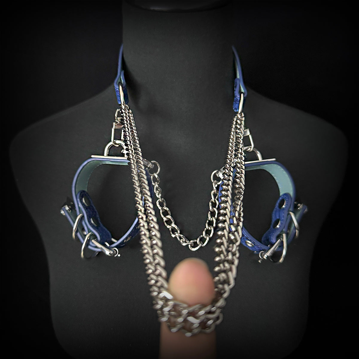 Daluse Blue Snake Leather Double Titanium Steel Chain Choker Collar Necklace And Adjustable Cuff Bracelets Combination Set
