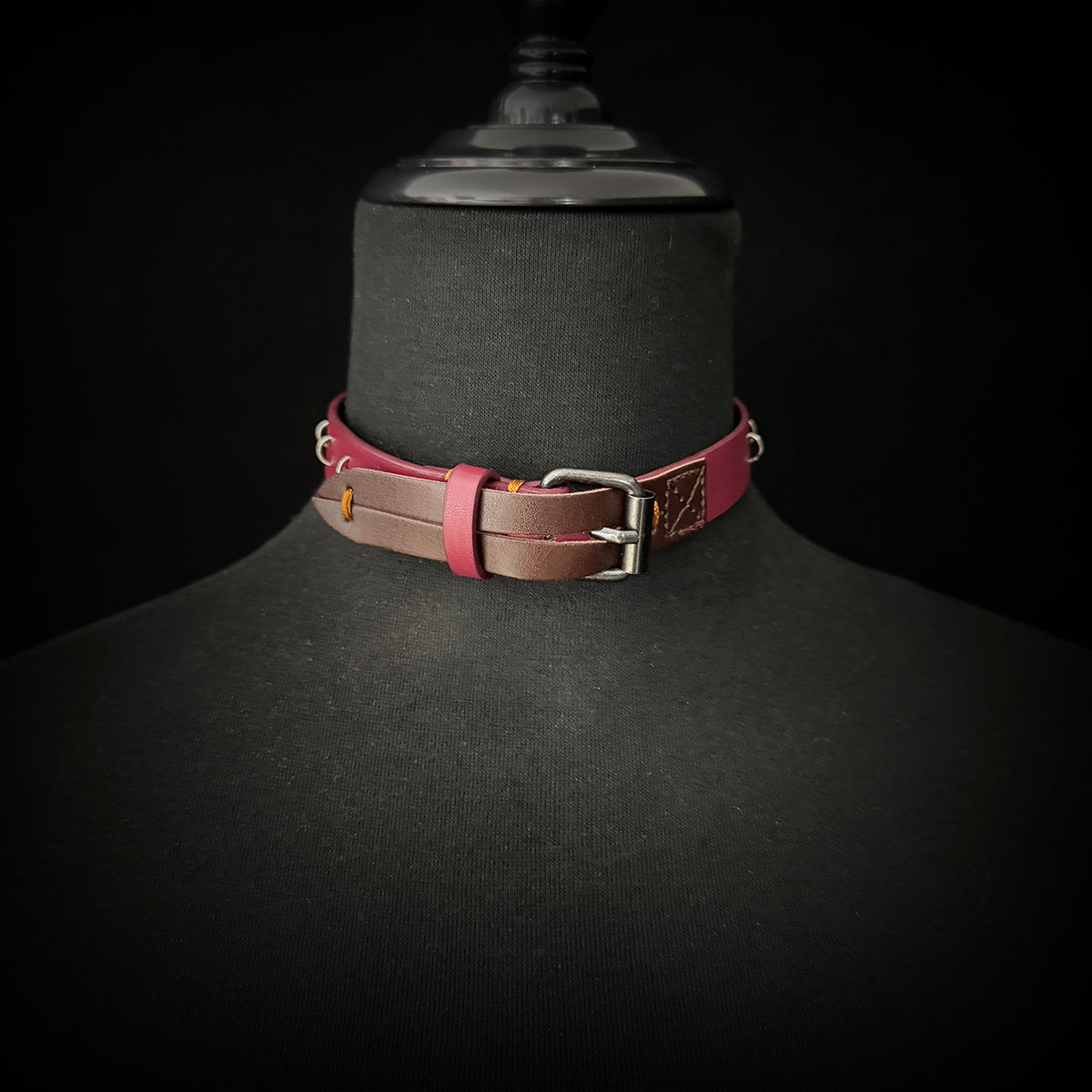 Daluse Red Leather Silver Ring Stitching Splicing 2-In-1 Choker Collar Necklace And Cuff Bracelets