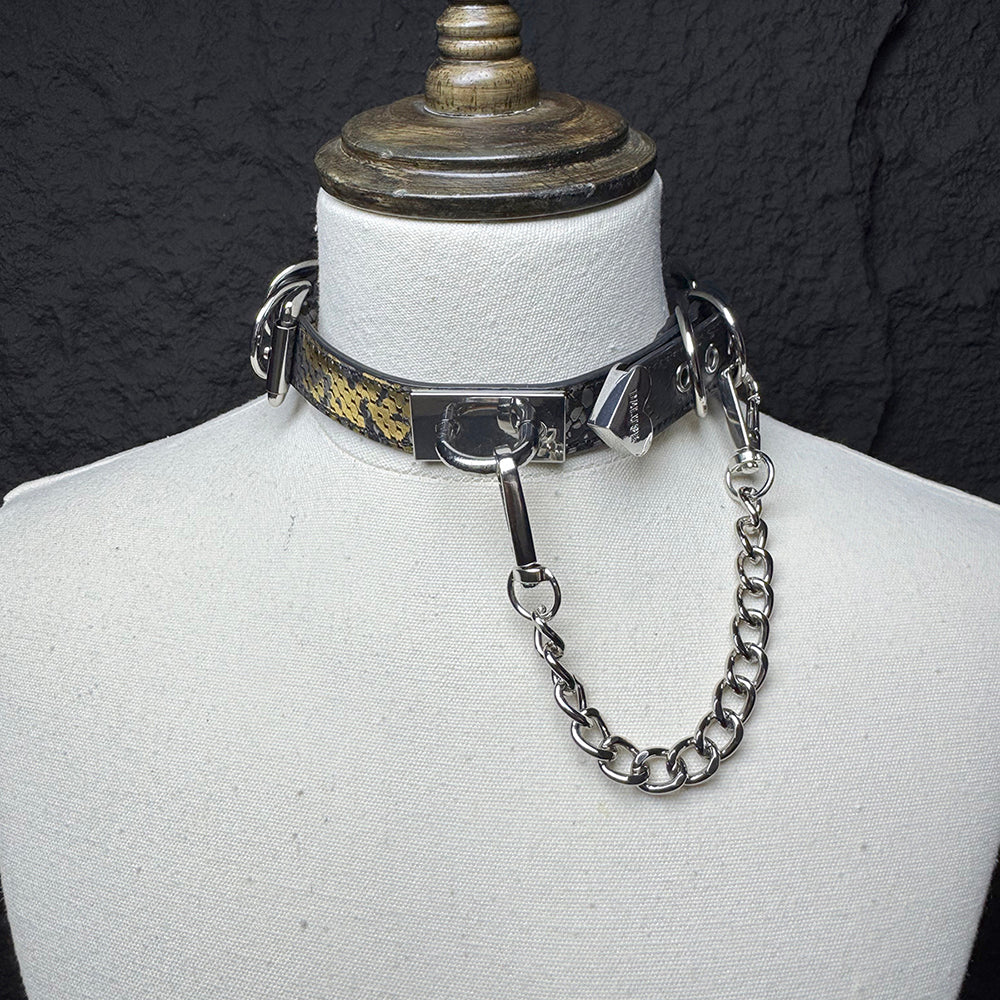 Daluse Snake Pattern Leather Silver Chain Adjustable Choker Necklace Collar