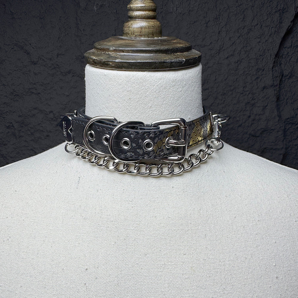 Daluse Snake Pattern Leather Silver Chain Adjustable Choker Necklace Collar