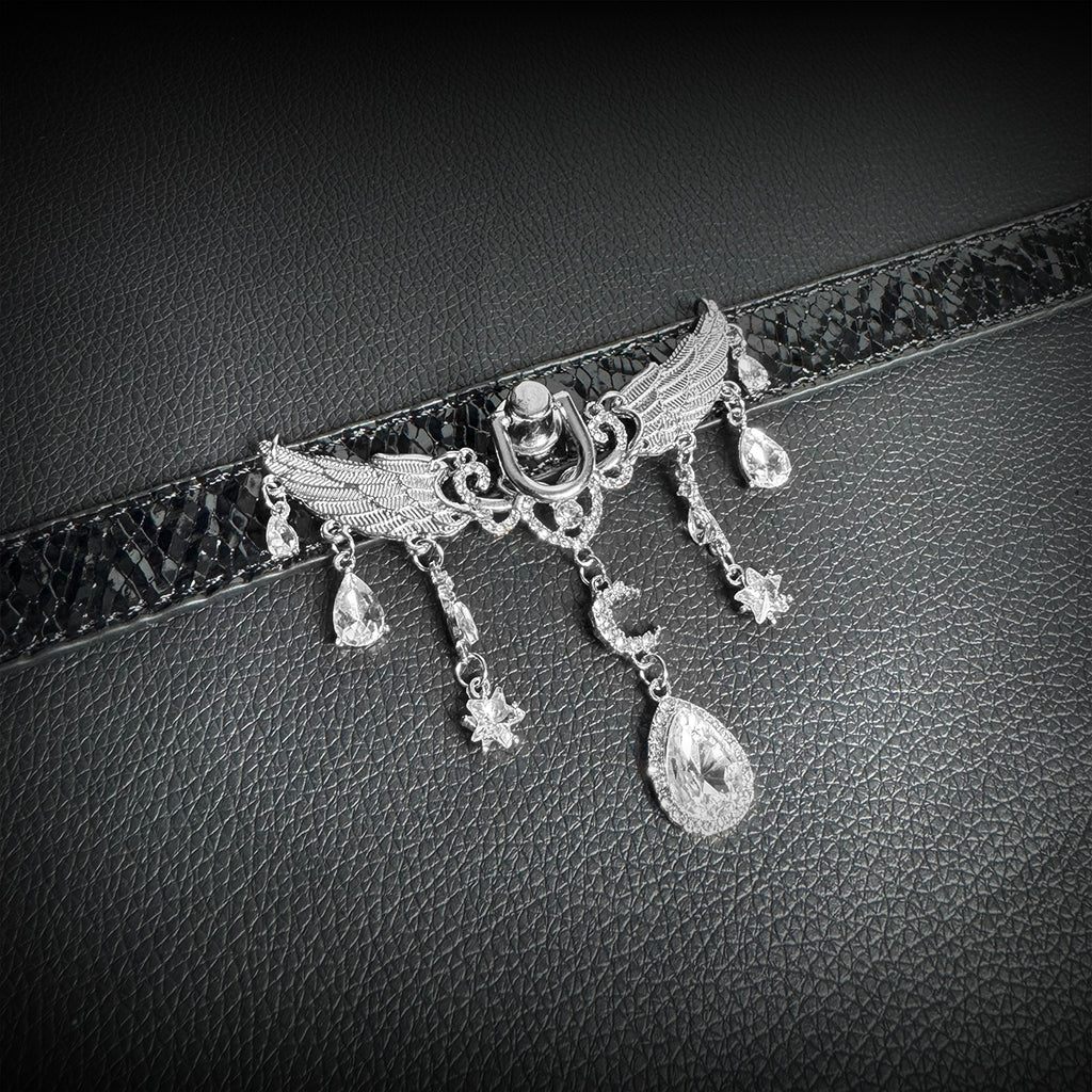 Daluse Crushed Ice Pattern Black Leather Choker Angel Wing Crystal Pendant Adjustable Collar Necklace