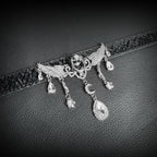 Daluse Crushed Ice Pattern Black Leather Choker Angel Wing Crystal Pendant Adjustable Collar Necklace