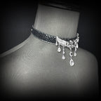 Daluse Crushed Ice Pattern Black Leather Choker Angel Wing Crystal Pendant Adjustable Collar Necklace