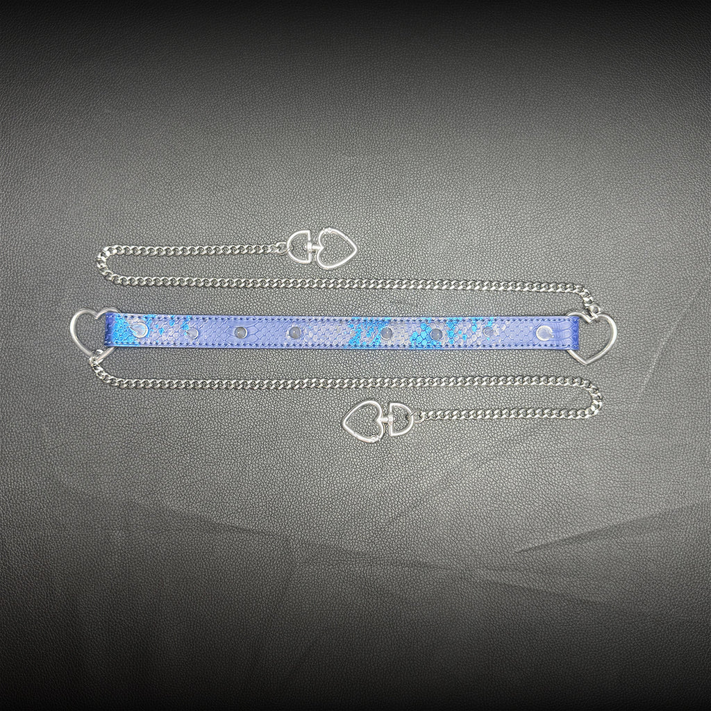 Daluse Blue Snake Leather Double Titanium Steel Chain Rivets Choker Collar Necklace And Adjustable Cuff Bracelets Combination Set