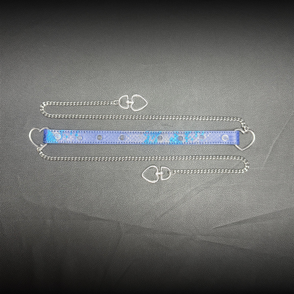 Daluse Blue Snake Leather Double Titanium Steel Chain Rivets Choker Collar Necklace And Adjustable Cuff Bracelets Combination Set