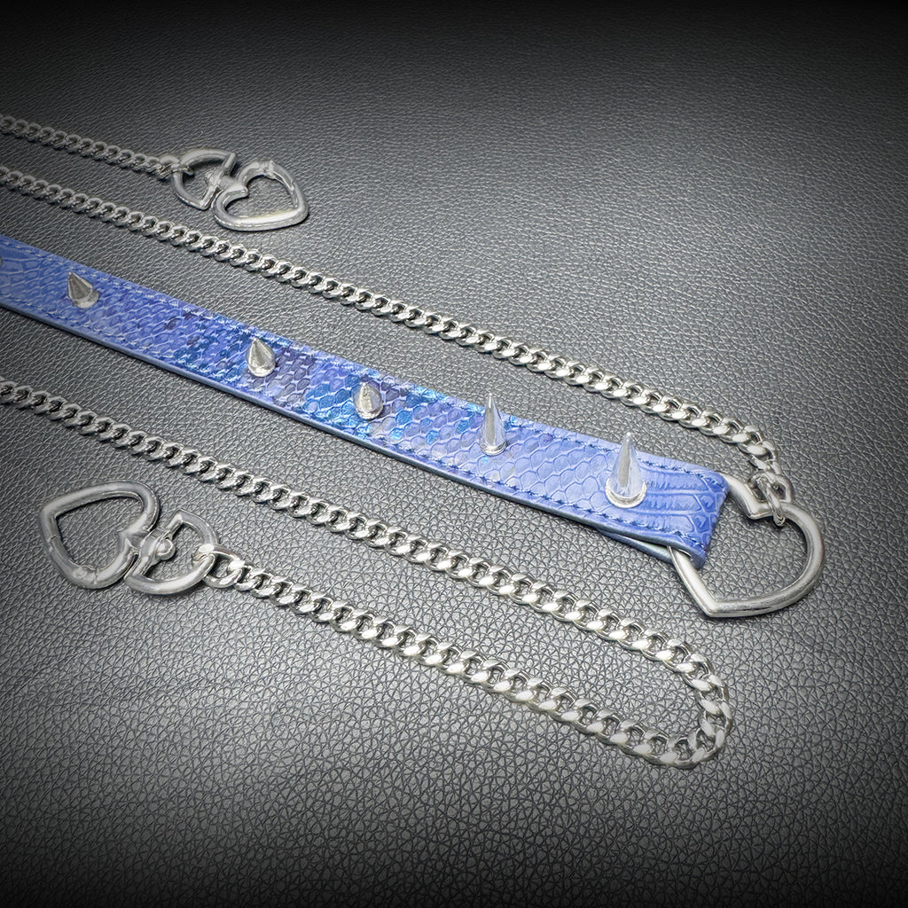 Daluse Blue Snakeskin Riveted Heart Shaped Choker Titanium Double Chain Adjustment Collar Necklace