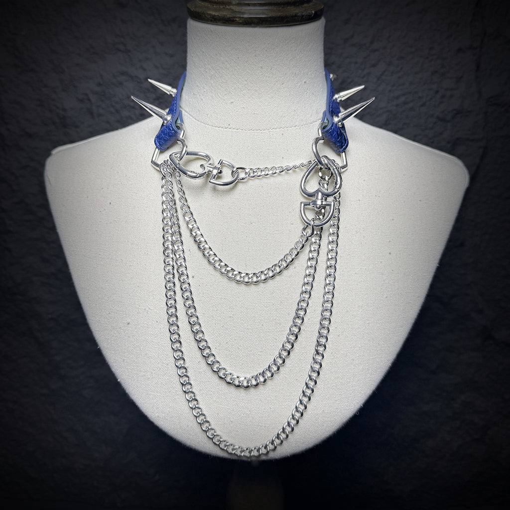 Daluse Blue Snakeskin Riveted Heart Shaped Choker Titanium Double Chain Adjustment Collar Necklace
