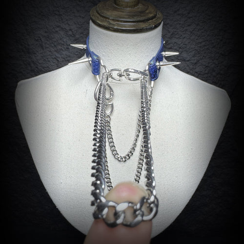 Daluse Blue Snakeskin Riveted Heart Shaped Choker Titanium Double Chain Adjustment Collar Necklace