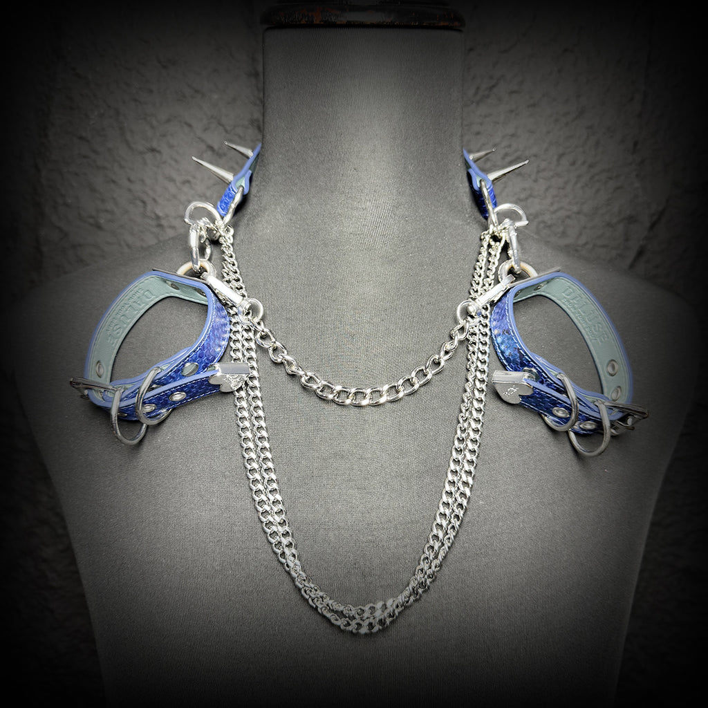 Daluse Blue Snake Leather Double Titanium Steel Chain Rivets Choker Collar Necklace And Adjustable Cuff Bracelets Combination Set