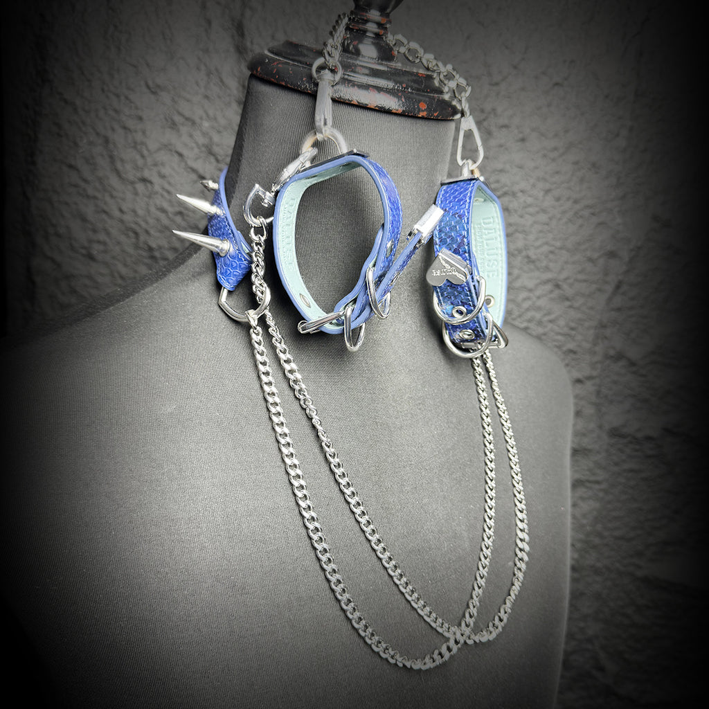 Daluse Blue Snake Leather Double Titanium Steel Chain Rivets Choker Collar Necklace And Adjustable Cuff Bracelets Combination Set