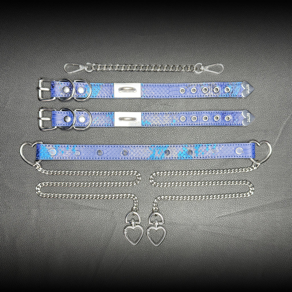 Daluse Blue Snake Leather Double Titanium Steel Chain Rivets Choker Collar Necklace And Adjustable Cuff Bracelets Combination Set
