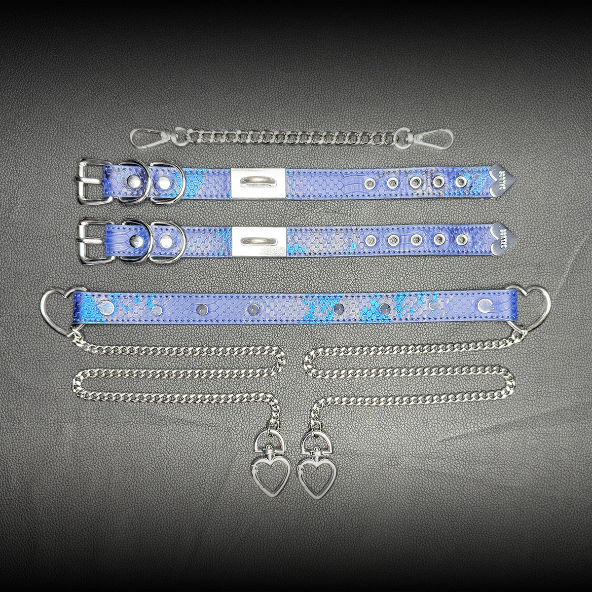 Daluse Blue Snake Leather Double Titanium Steel Chain Rivets Choker Collar Necklace And Adjustable Cuff Bracelets Combination Set