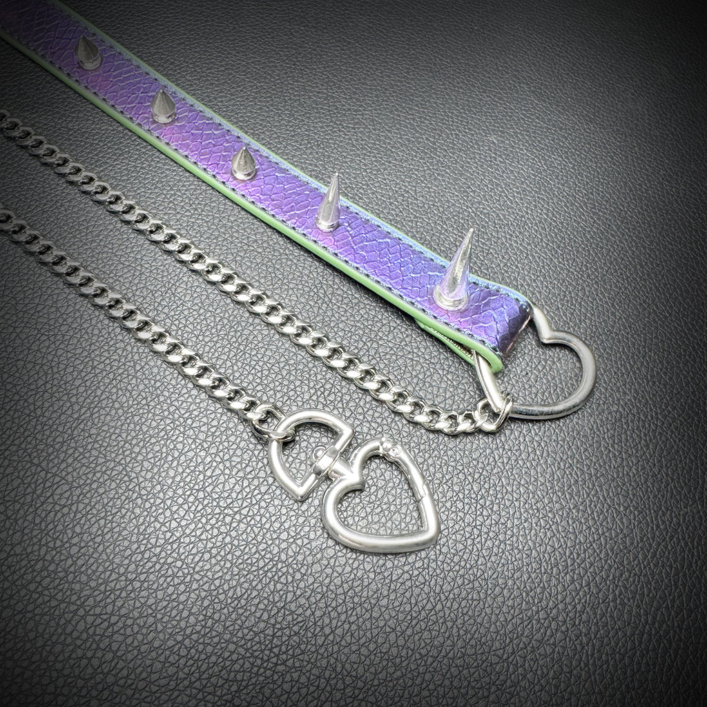 Daluse Colorful Color Changing Leather Rivet HeartShaped Clasp Choker Single Titanium Steel Chain Adjustment Collar Necklace