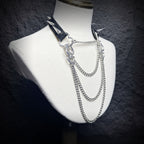 Daluse Riveted Heart Shaped Leather Choker with Titanium Double Chain Adjustment Collar Necklace