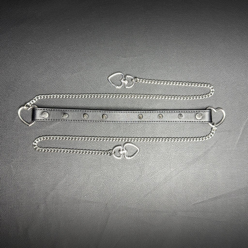 Daluse Riveted Heart Shaped Leather Choker with Titanium Double Chain Adjustment Collar Necklace