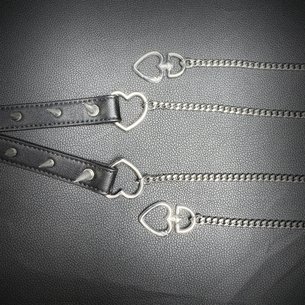 Daluse Riveted Heart Shaped Leather Choker with Titanium Double Chain Adjustment Collar Necklace