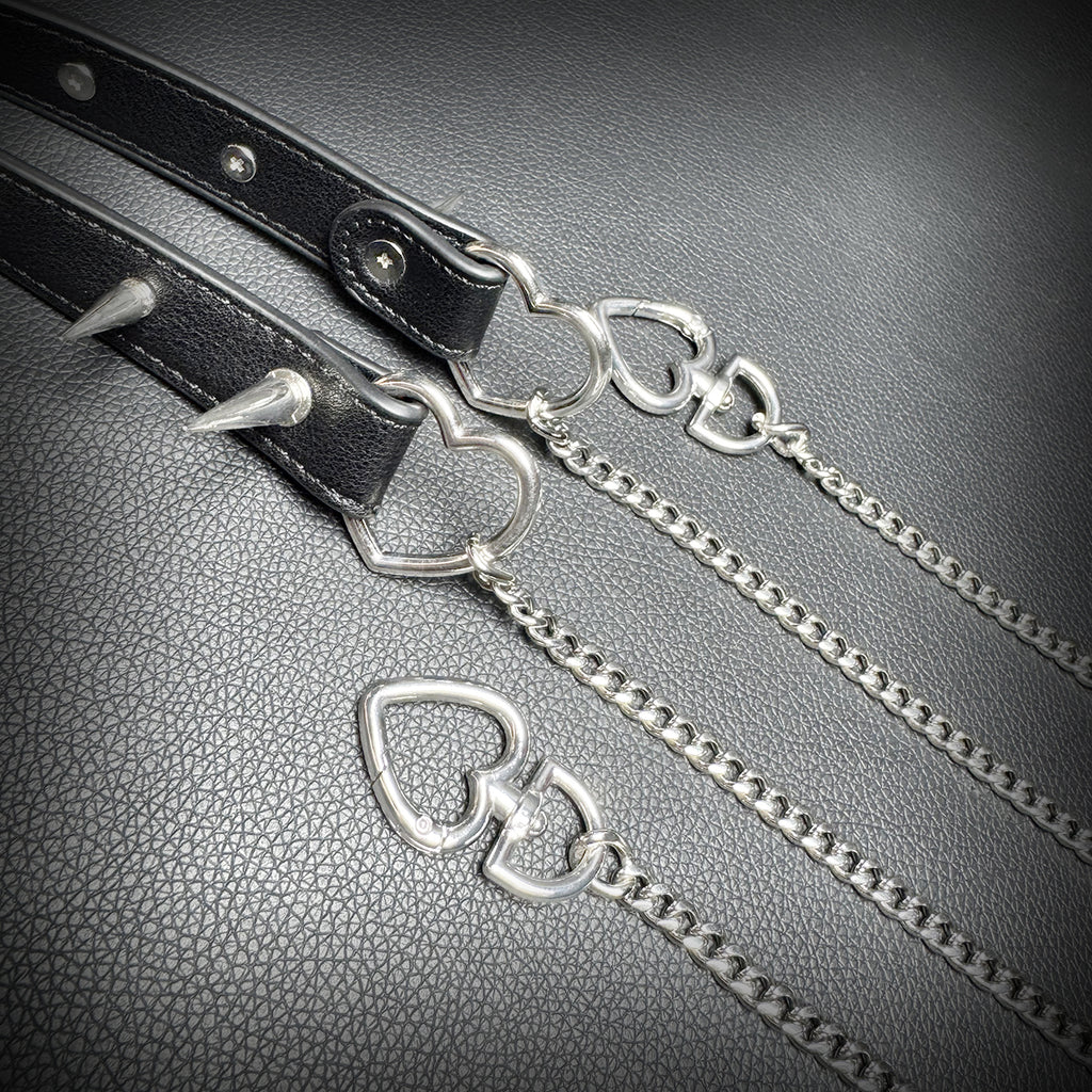 Daluse Riveted Heart Shaped Leather Choker with Titanium Double Chain Adjustment Collar Necklace