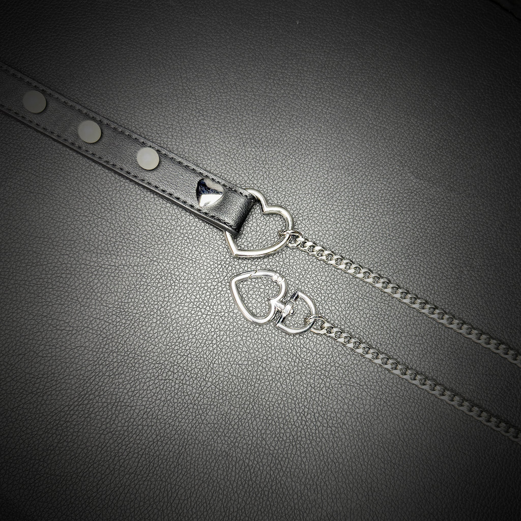 Daluse Pearl Heart Shaped Leather Choker with Titanium Double Chain Adjustment Collar Necklace
