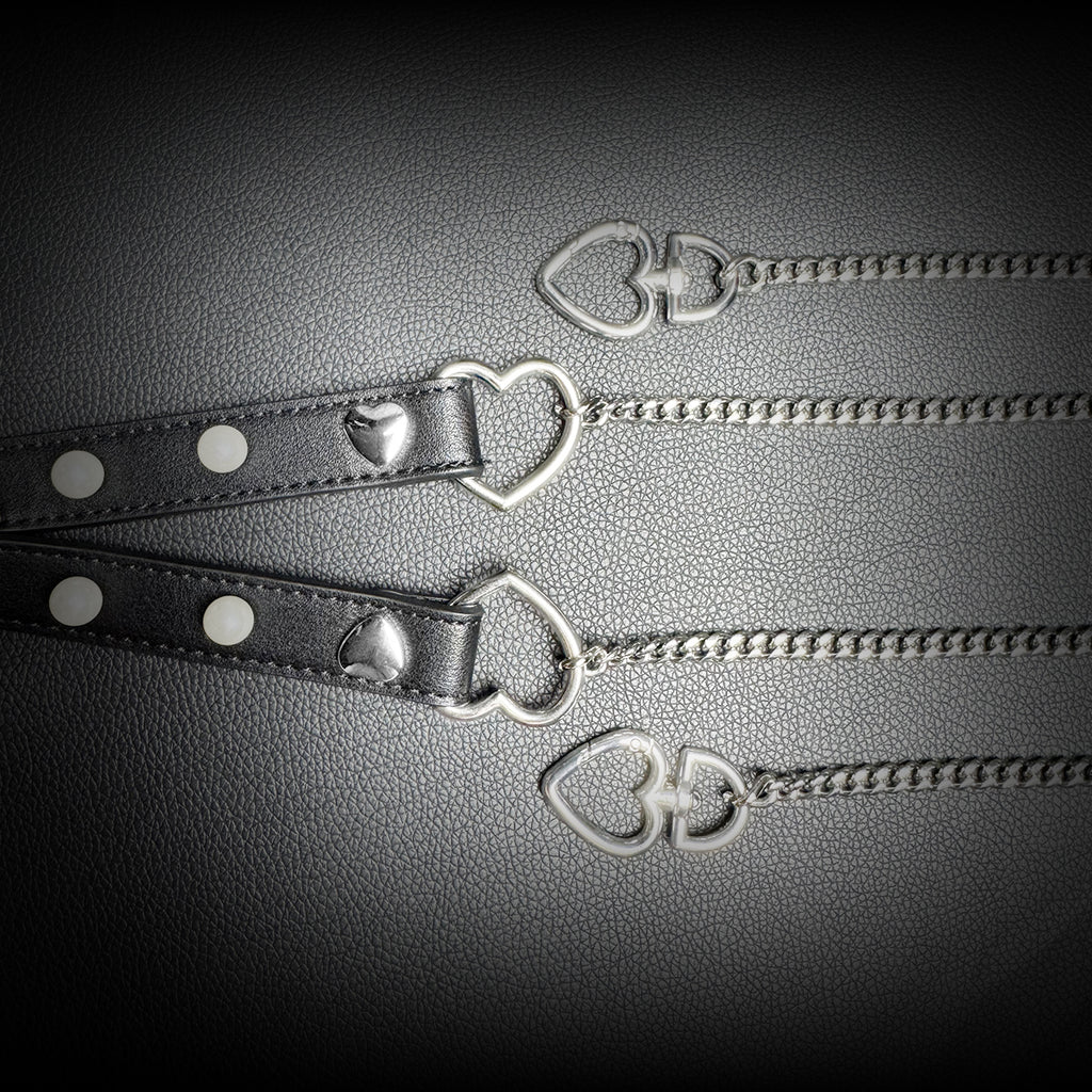 Daluse Pearl Heart Shaped Leather Choker with Titanium Double Chain Adjustment Collar Necklace