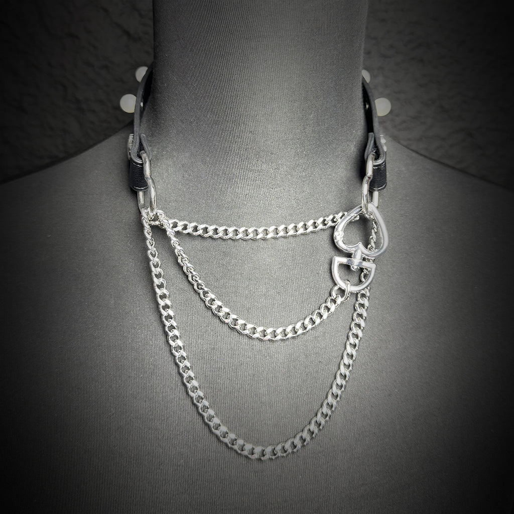 Daluse Pearl Heart Shaped Buckle Leather Choker Single Titanium Chain Versatile Fashion Collar Necklace