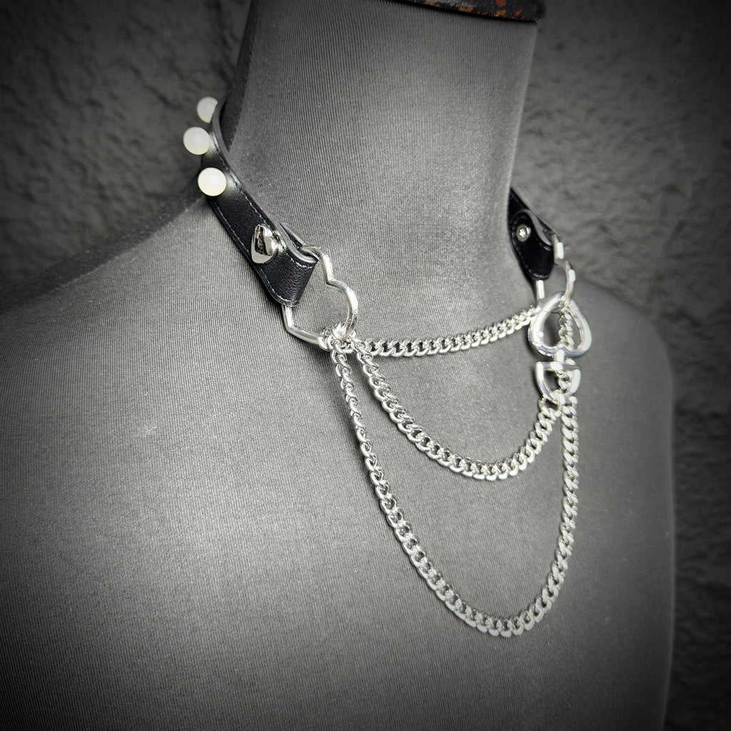 Daluse Pearl Heart Shaped Buckle Leather Choker Single Titanium Chain Versatile Fashion Collar Necklace