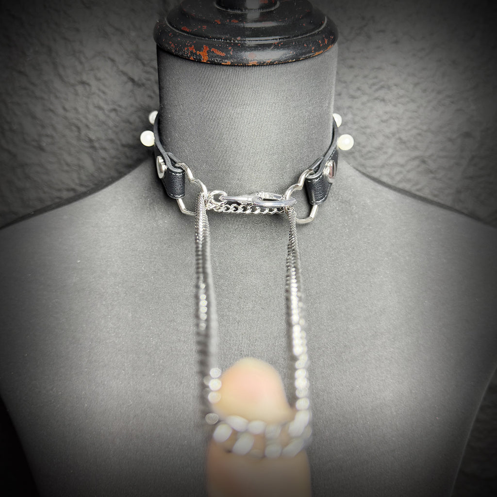 Daluse Pearl Heart Shaped Buckle Leather Choker Single Titanium Chain Versatile Fashion Collar Necklace