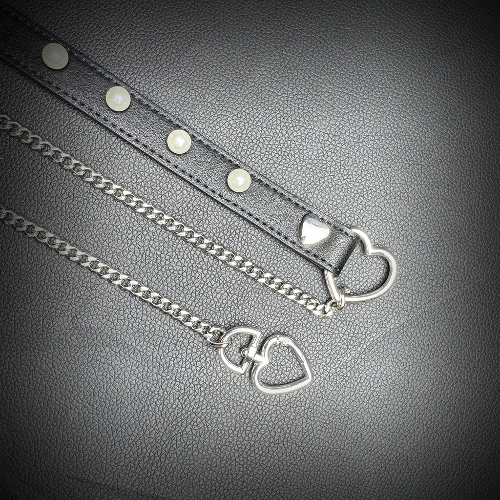 Daluse Pearl Heart Shaped Buckle Leather Choker Single Titanium Chain Versatile Fashion Collar Necklace