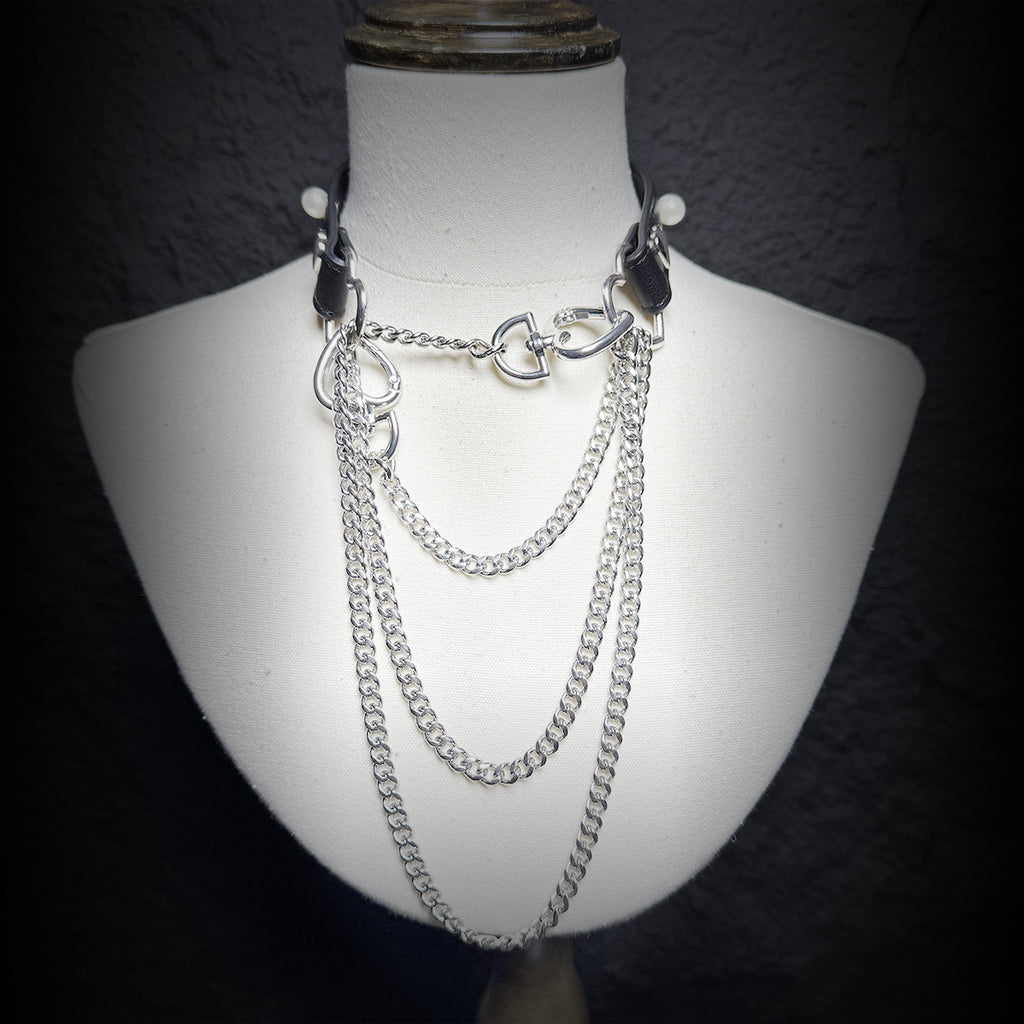 Daluse Pearl Heart Shaped Leather Choker with Titanium Double Chain Adjustment Collar Necklace