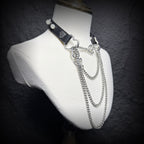 Daluse Pearl Heart Shaped Leather Choker with Titanium Double Chain Adjustment Collar Necklace